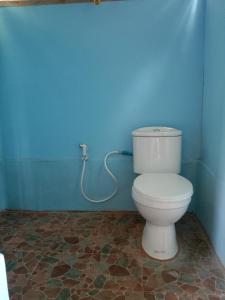 baño con aseo blanco en una pared azul en Mr.Bounhome Guesthouse and restaurant en Muang Không
