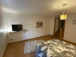 a bedroom with a bed and a flat screen tv at chambres de l'étang de la Demoiselle in Saint-Nabord