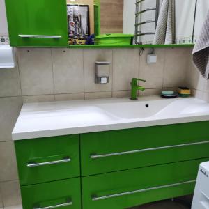 a bathroom with green cabinets and a sink at Резидент in Dnipro
