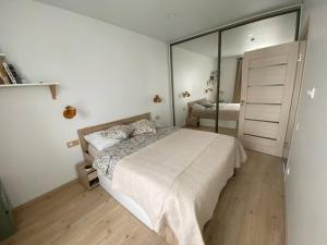 um quarto com uma cama e um espelho grande em City Park Apartment em Vilnius