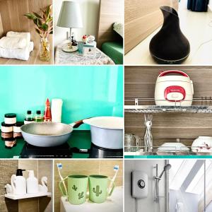 eine Collage mit Fotos eines Badezimmers mit Waschbecken in der Unterkunft Vin Grand Park - TP. Thủ Đức in Tân Vạn
