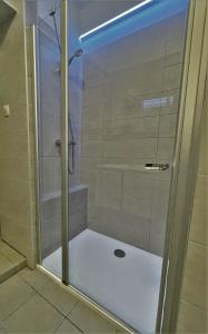een douche met een glazen deur in de badkamer bij Ózon Apartman in Kaposvár