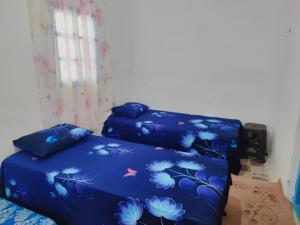 duas camas num quarto com lençóis azuis em casa de SMR em Chefchaouen