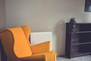 einen orangenen Stuhl in einem Zimmer mit Pflanze in der Unterkunft Boreland Loch Tay in Aberfeldy