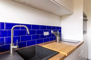 a kitchen with a sink and a blue tiled wall at Le club green - appt 45 m2 - 4P - parking in Metz