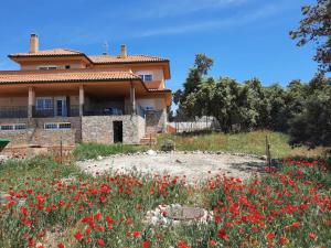 a house with a field of flowers in front of it at Shivanda, Habitaciones en Centro de Bienestar en la Naturaleza in Pioz