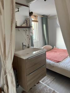 a bathroom with a sink and a bed at Huisje op de dijk in Kortenhoef