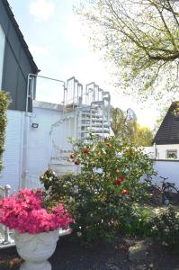 una maceta grande con flores rosas en un patio en AV No.1 en Düsseldorf