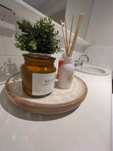 a jar of honey and a potted plant on a counter at Cozy Urban Chinatown Escape Adelaide CBD - Free parking in Adelaide