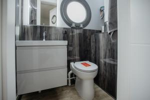a bathroom with a white toilet and a mirror at La Mare Schwimmende Ferienwohnungen Lu-Ann & Leda, Werder Cityport in Wildau