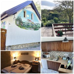 een collage van vier foto's van een huis bij Green Valley Vendégház a Betekints-völgyben in Veszprém