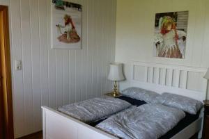 a bed with two pillows on it in a room at Ferienwohnung mit Sauna Reiterhof barrierefrei in Lichtenau