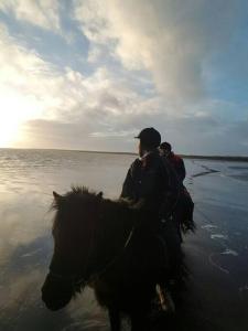 twee mensen op een paard op het strand bij The Wee Cosy House. in Arabaer