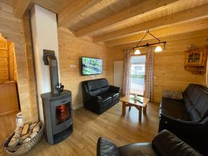 a living room with a wood stove in a cabin at Holiday Home Chalet Sven by Interhome in Spiegelau