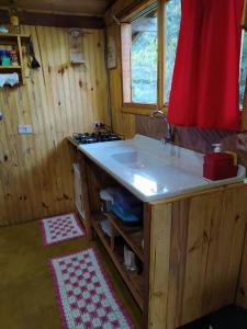 una cocina con fregadero en una cabaña de madera en Rancho Toa-toa próximo a Gonçalves MG en Sapucaí-Mirim