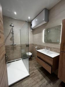 a bathroom with a sink and a glass shower at Appartement Louise in Le Havre
