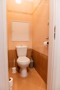 a bathroom with a white toilet in a room at Private room 1 km from center with kitchen in Bratislava
