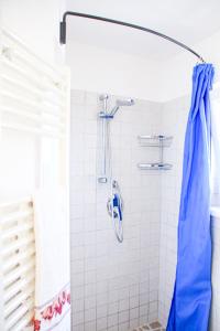 La salle de bains est pourvue d'une douche et d'un rideau de douche bleu. dans l'établissement Trullo Dany, à Locorotondo