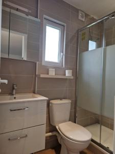 a bathroom with a toilet and a sink and a shower at Spacieux et lumineux Appartement in Aulnay-sous-Bois