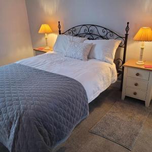 a bedroom with a large bed and two night stands at LITTLE HAVEN 1 Bedroom House sought after area in Topsham