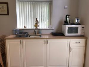 a kitchen with a microwave and a sink and a window at The Annex - Modern Studio Flat in Mold