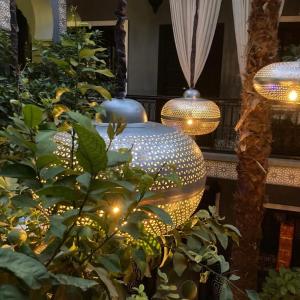 una habitación con una planta con luces y un jarrón en Riad des Mile Nuits, en Marrakech