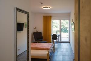 um quarto com uma cama, um espelho e uma cadeira em Pension Haus am Picho em Arnsdorf