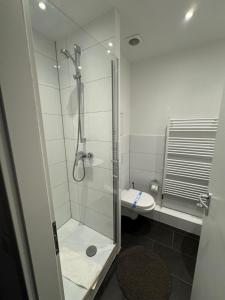 a bathroom with a shower and a toilet at Business Appartement Mainz Duo in Mainz