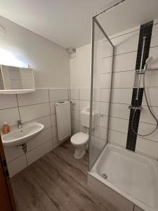 La salle de bains est pourvue de toilettes, d'un lavabo et d'une douche. dans l'établissement Gästehaus Rachinger, à Pappenheim