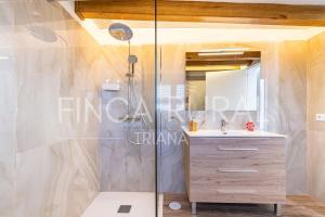 a bathroom with a shower with a sink and a mirror at Finca Rural Triana in Santa Cruz de Tenerife