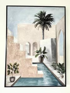 a painting of a house with a pool and palm trees at Stade de France 12min - Idéal JO 2024 in Saint-Denis