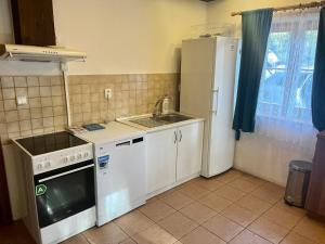 a small kitchen with a sink and a refrigerator at Holiday Home Mazurova chalupa by Interhome in Býšť