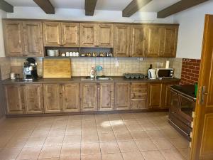 a large kitchen with wooden cabinets and appliances at Holiday Home Mazurova chalupa by Interhome in Býšť