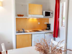 Apartment Les Hameaux de La Chalosse-2 by Interhome في Cassen: مطبخ صغير مع حوض وميكروويف