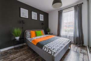 a bedroom with a bed with colorful pillows and a window at RelaxingSleep Apartments in Glasgow