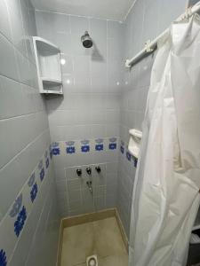 a bathroom with a shower with blue and white tiles at Pinamar departamento in Pinamar +10 photos