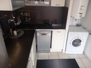 a small kitchen with a washing machine and a sink at COSY PARIS WITH BALCONY in Issy-les-Moulineaux