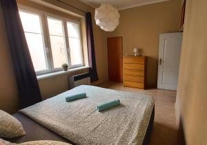 a bedroom with a bed with two green pillows on it at Prague 7days Apartments - FREE PARKING in Prague