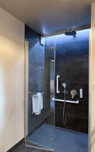 a shower with a glass door in a bathroom at Le Motel du Gaschney in Muhlbach-sur-Munster +25 photos