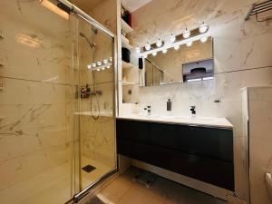 a bathroom with a sink and a shower and a mirror at Luxury Flat With Terrace & Eiffel Tower View in Paris