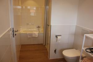 a bathroom with a shower and a toilet and a sink at Schatzlhof Suite in Berg am Starnberger See in Berg am Starnberger See