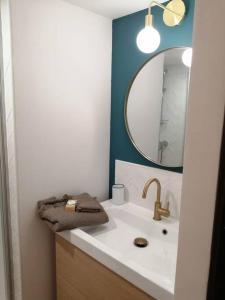 uma casa de banho com um lavatório e um espelho em A 300 mètres de Paris 13, superbe deux pièces neuf em Ivry-sur-Seine