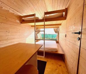 a small room with a bunk bed and a desk at Lushna 4 Petite at Lee Wick Farm Cottages & Glamping in Clacton-on-Sea