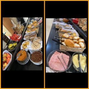 dos fotos de un buffet con diferentes tipos de comida en POUSADA ELMIRA´S BELA VISTA, en Ouro Branco