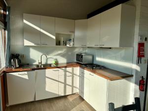 a white kitchen with a sink and a microwave at Boerenslag 45 in Sint Maartensvlotbrug