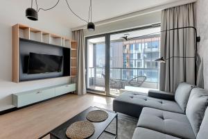 a living room with a couch and a tv at Brabank Riverside - Sauna, Business & Gym by Downtown Apartments in Gdańsk