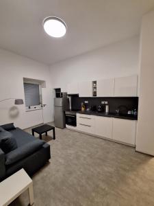 ein Wohnzimmer mit einem schwarzen Sofa und einer Küche in der Unterkunft Apartmány Přerov 22 in Přerov