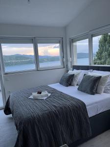 a bedroom with two beds and two windows at Villa Grande in Neum