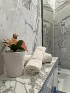 a bathroom with a potted plant and towels on a counter at Villa Grande in Neum +84 photos