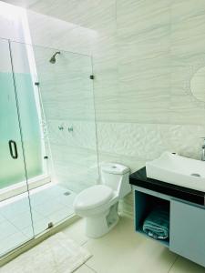 a bathroom with a toilet and a shower and a sink at Casa del Diseño in Uruapan del Progreso